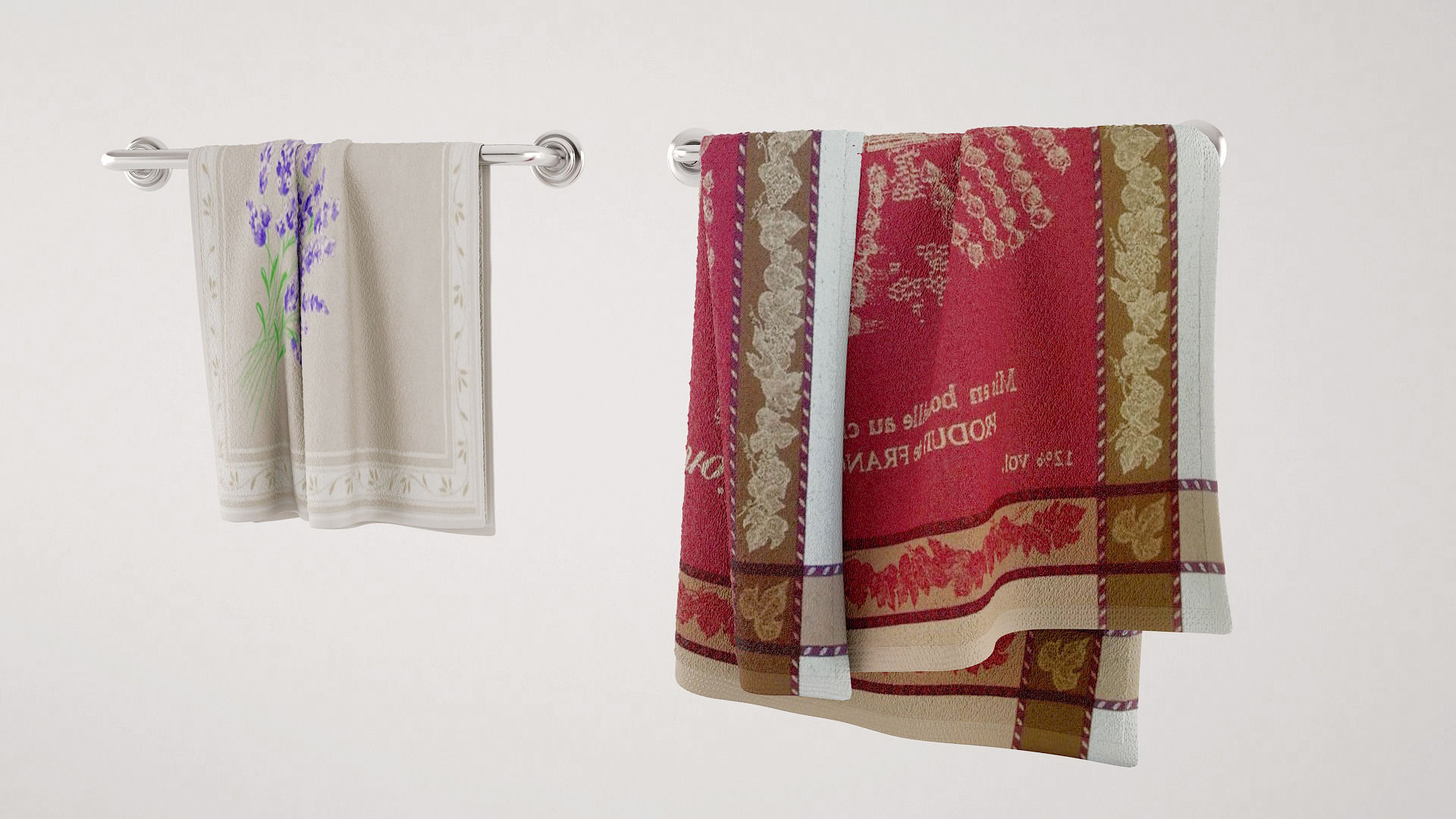 Towels collection two hanging on hook 3D model_1