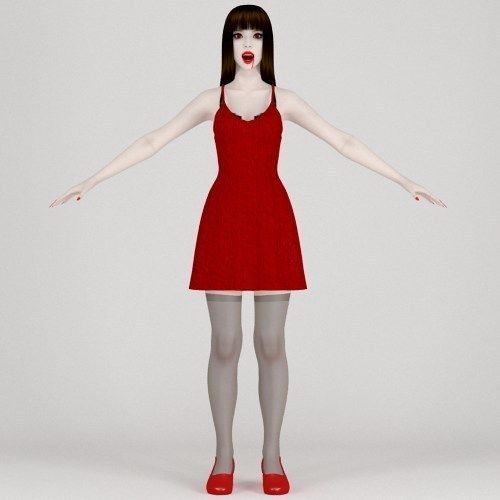 T pose nonrigged model of Akari in red dress 3D model_6