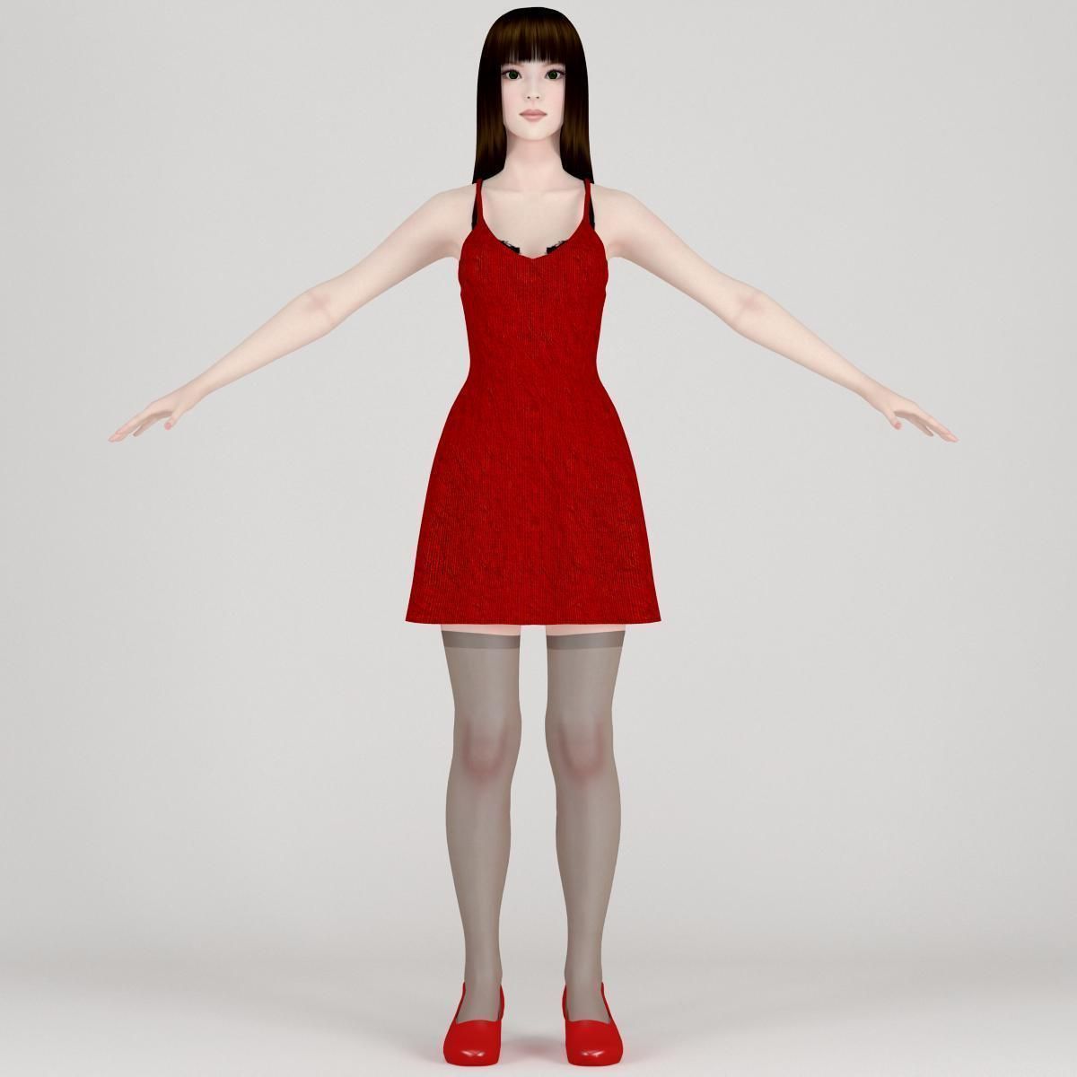 T pose nonrigged model of Akari in red dress 3D model_7