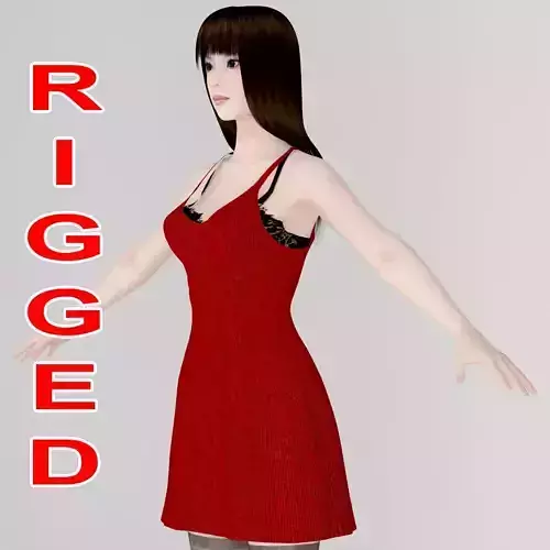 T pose rigged model of Akari in red dress  3D model