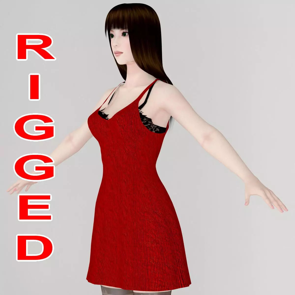 T pose rigged model of Akari in red dress  3D model_0