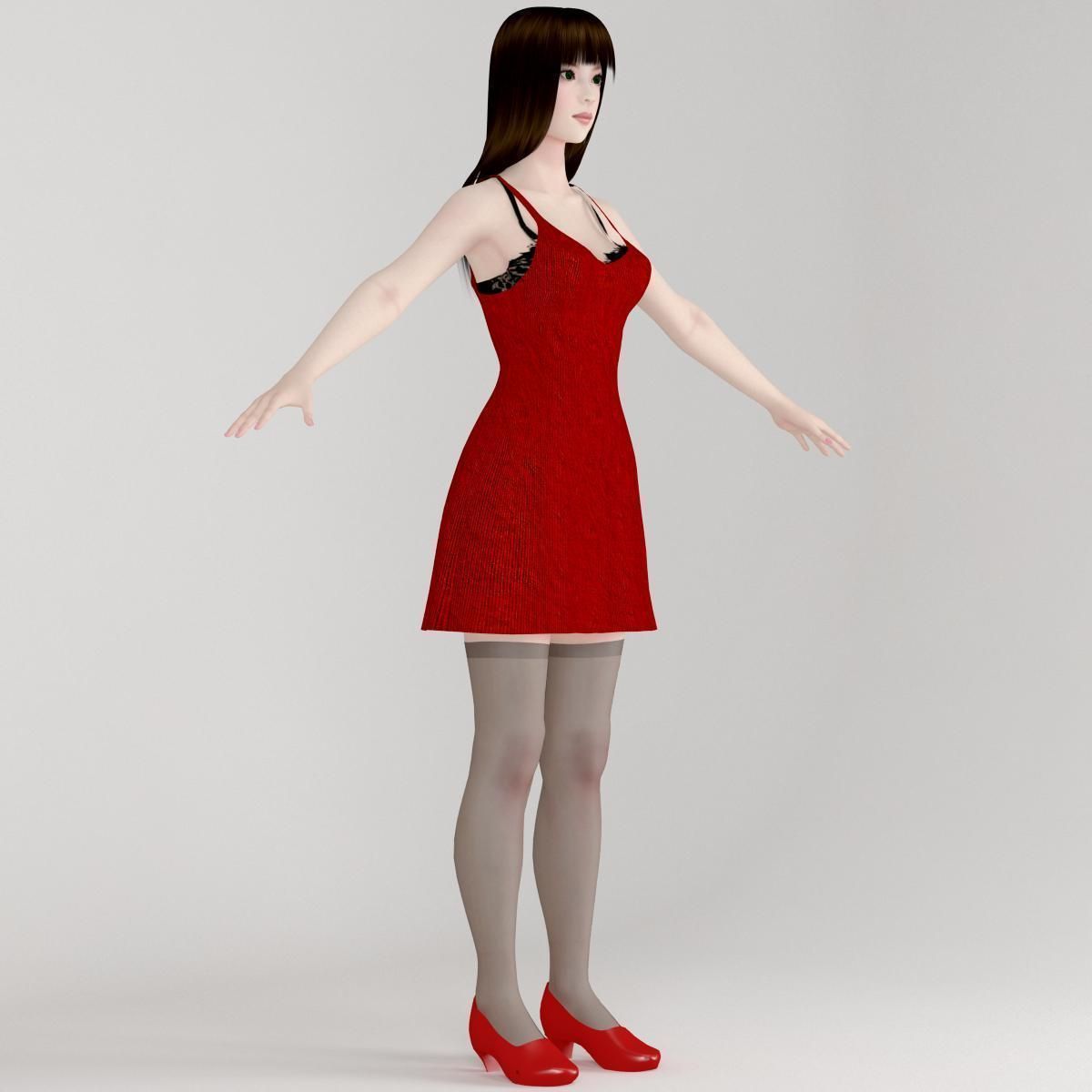 T pose rigged model of Akari in red dress  3D model_14