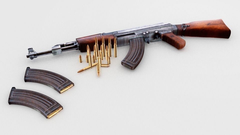 AK-47 with Bullets and Two Cartridges Low-poly 3D model_0
