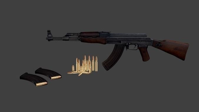 AK-47 with Bullets and Two Cartridges Low-poly 3D model_3