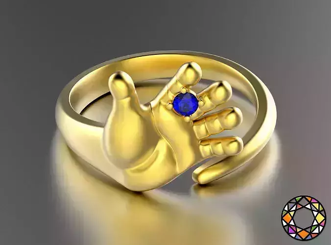 Gold Hand Shaped Ring 1 with gem OBJ FBX STL