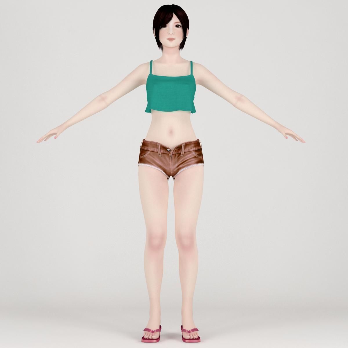 T pose nonrigged model of Rina in short pants 3D model_3