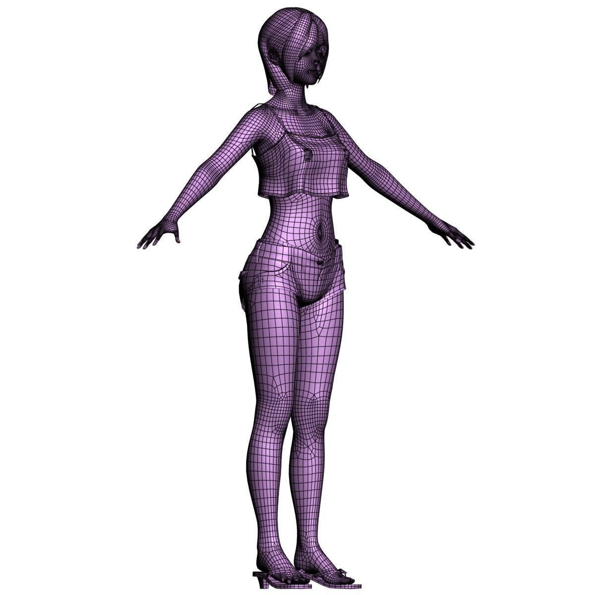 T pose nonrigged model of Rina in short pants 3D model_13
