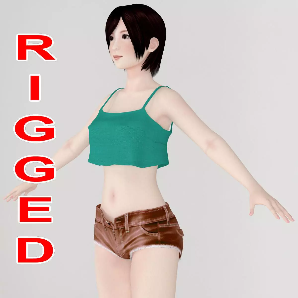 T pose rigged model of Rina in short pants 3D model_0