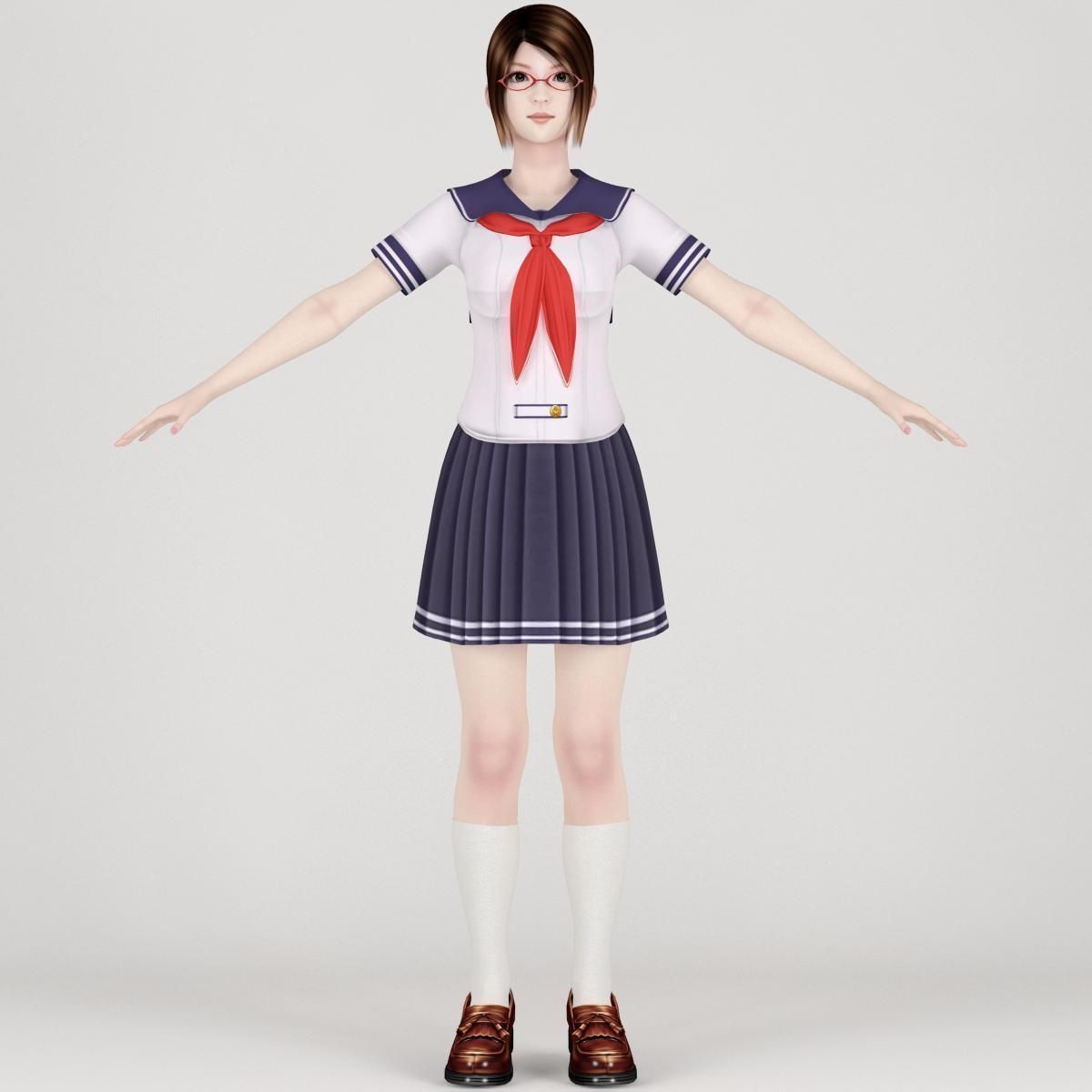 T pose rigged model of Natsumi in school uniform 3D model_4