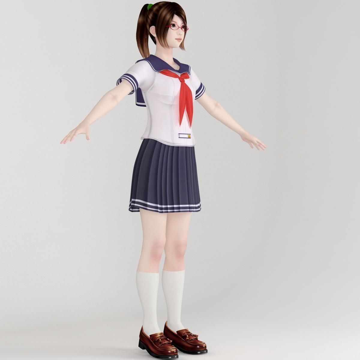 T pose rigged model of Natsumi in school uniform 3D model_7
