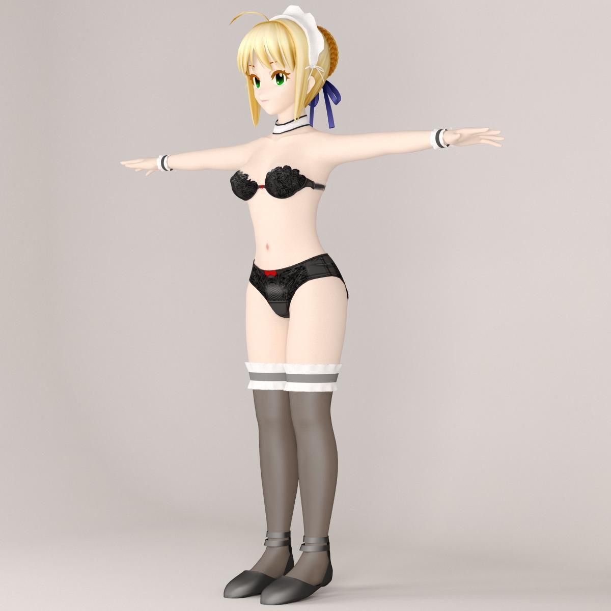T pose rigged model of Saber maid 3D model_4