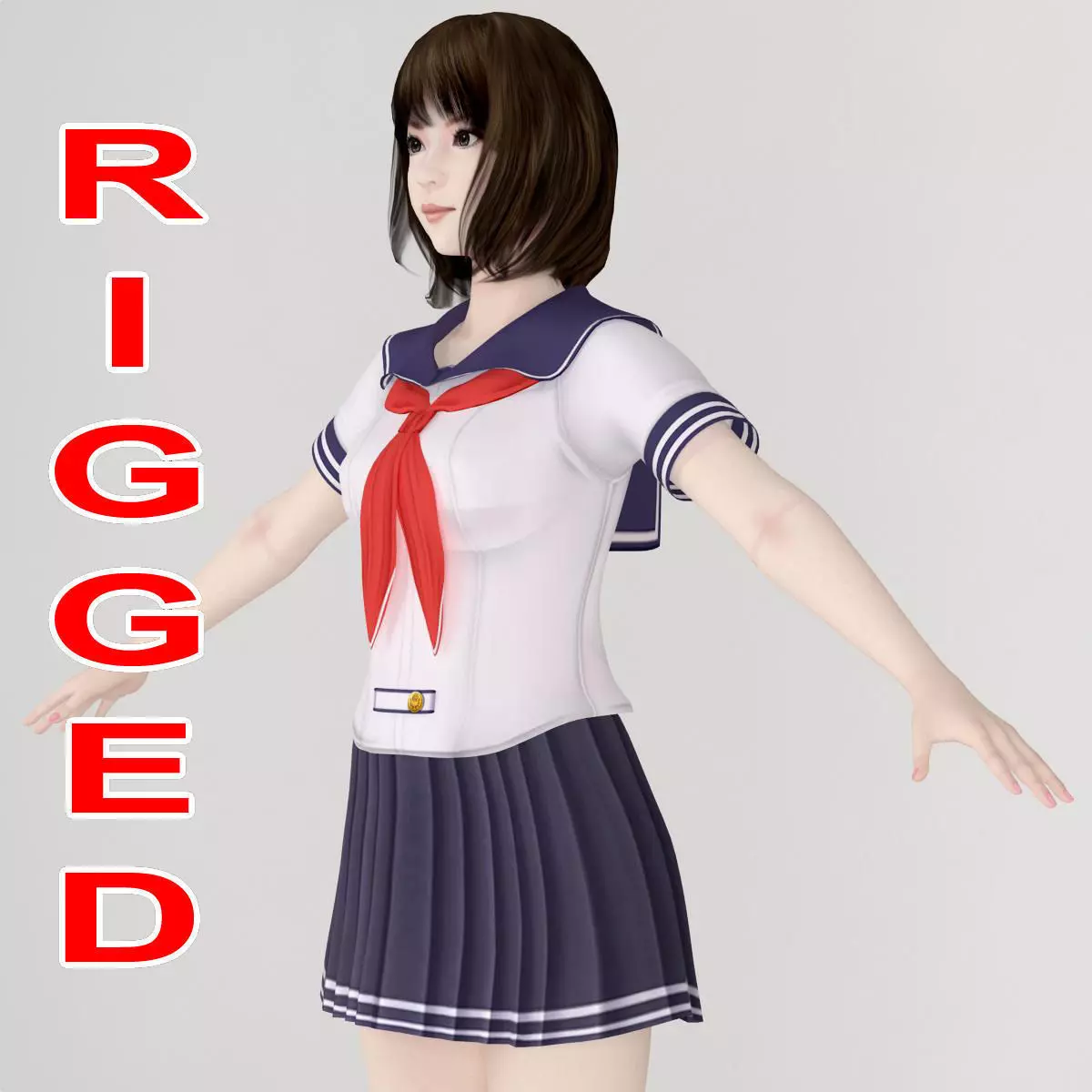 T pose rigged model of Mariko in school uniform 3D model_0