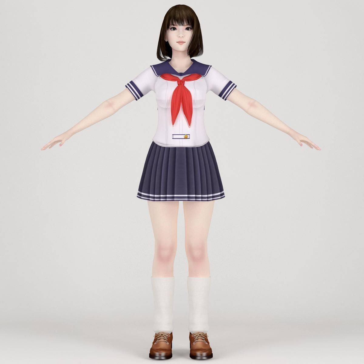 T pose rigged model of Mariko in school uniform 3D model_4