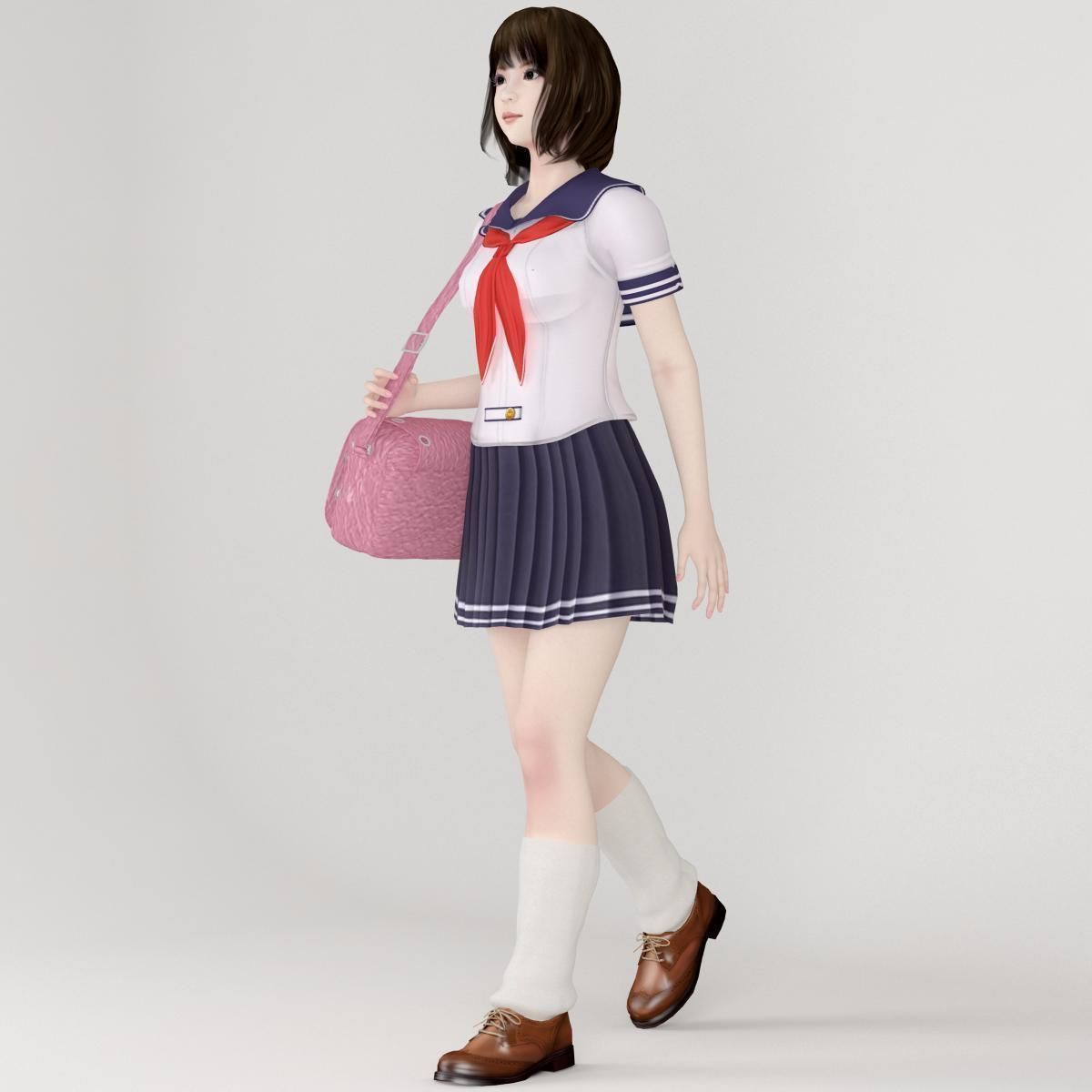 T pose rigged model of Mariko in school uniform 3D model_1