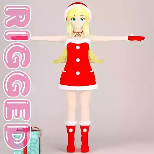 T pose rigged model of Christmas toon girl 3D model