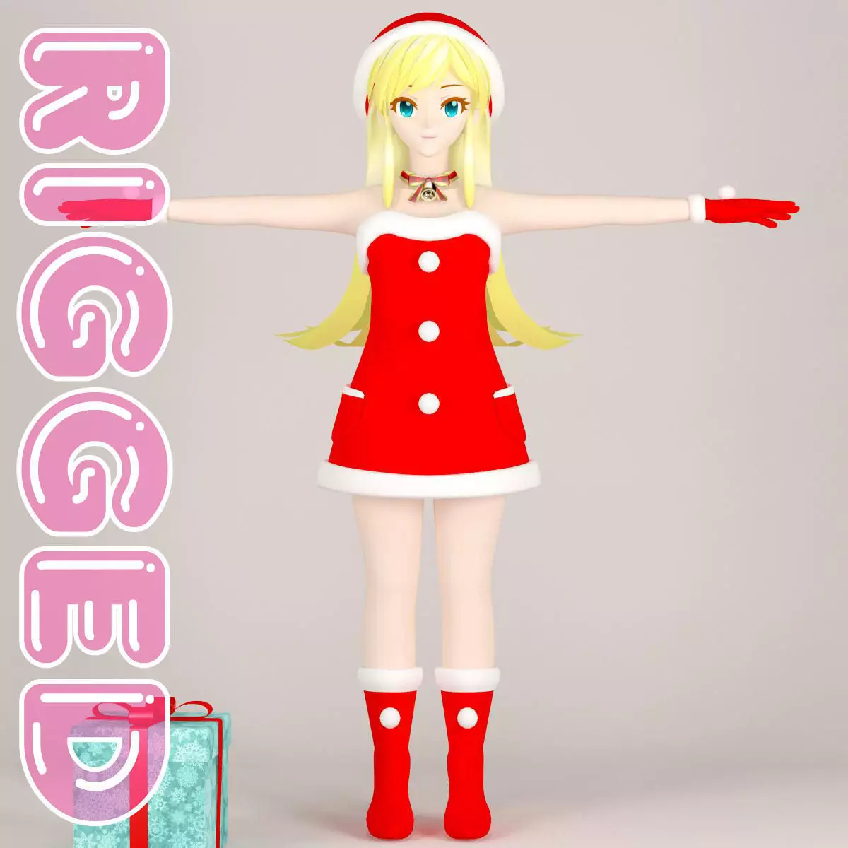T pose rigged model of Christmas toon girl 3D model_0