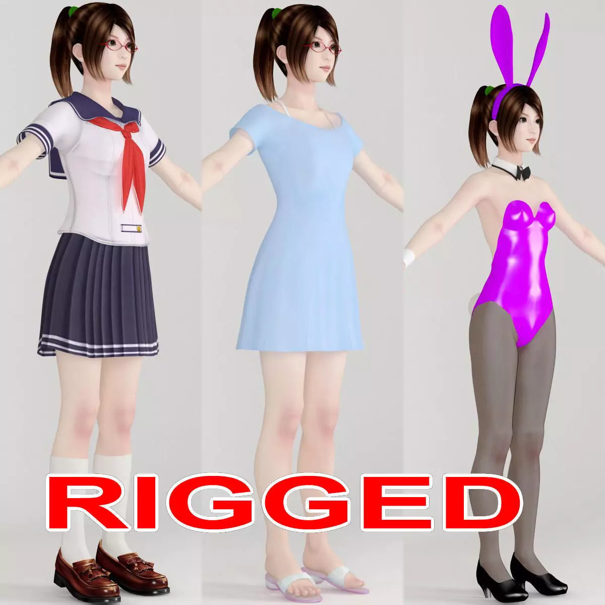 T pose rigged model of Natsumi with various outfit 3D model_0