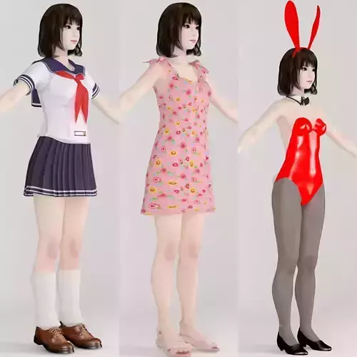  T pose nonrigged model of Mariko with various outfit 3D model