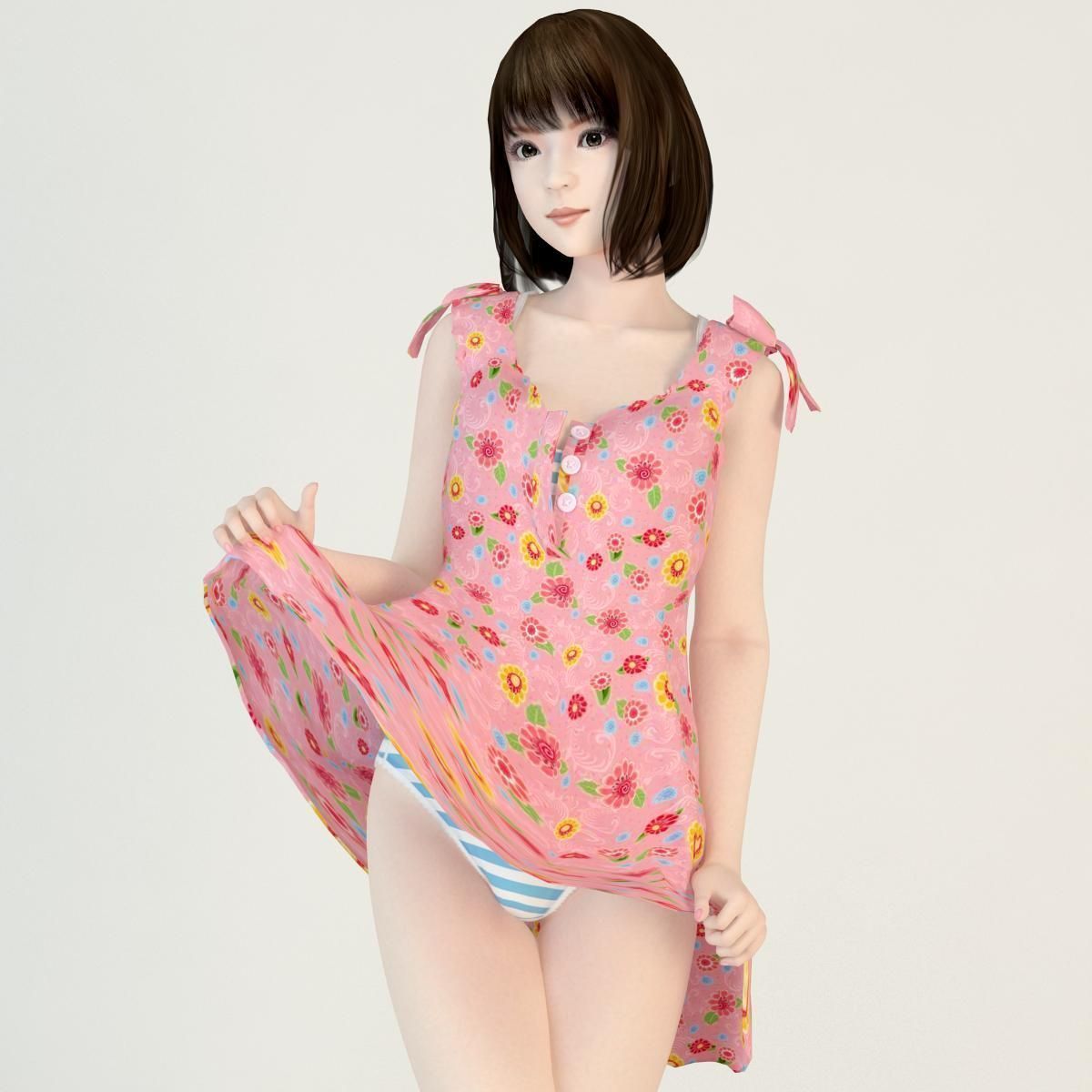 T pose rigged model of Mariko with various outfit 3D model_1