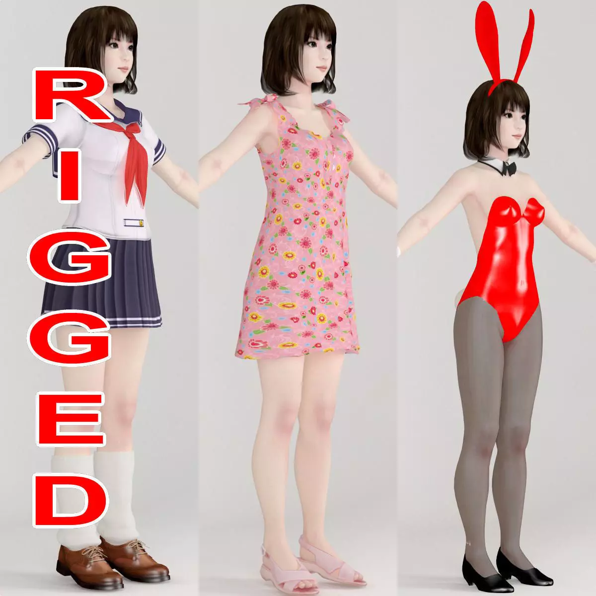 T pose rigged model of Mariko with various outfit 3D model_0