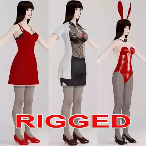 T pose rigged model of Akari with various outfit 3D model