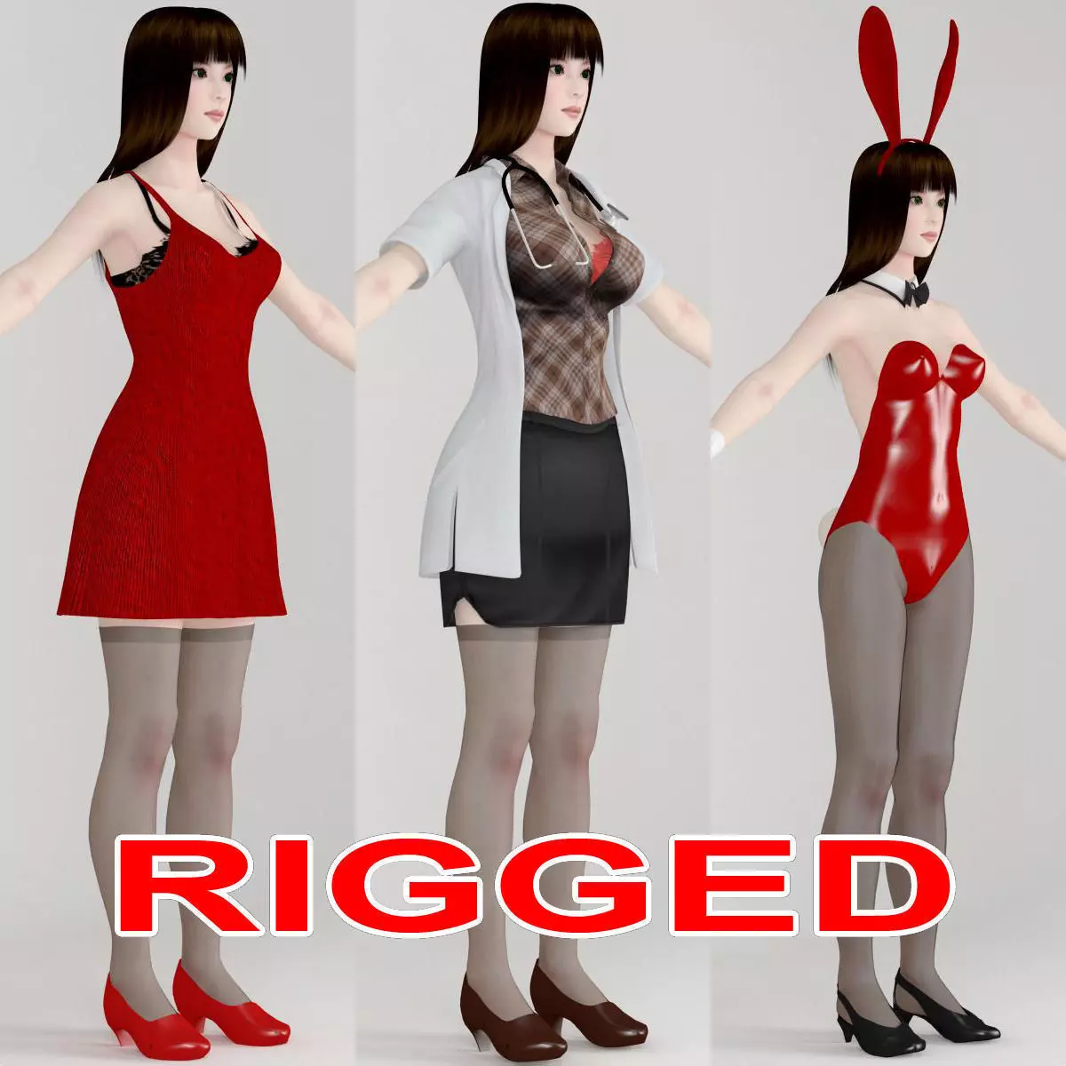 T pose rigged model of Akari with various outfit 3D model_0