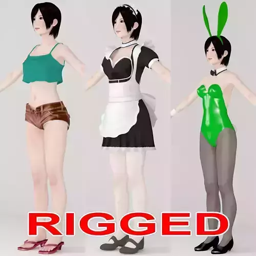 T pose rigged model of Rina with various outfit 3D model