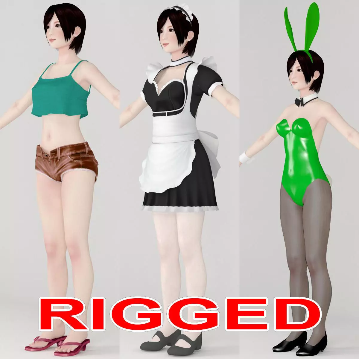 T pose rigged model of Rina with various outfit 3D model_0
