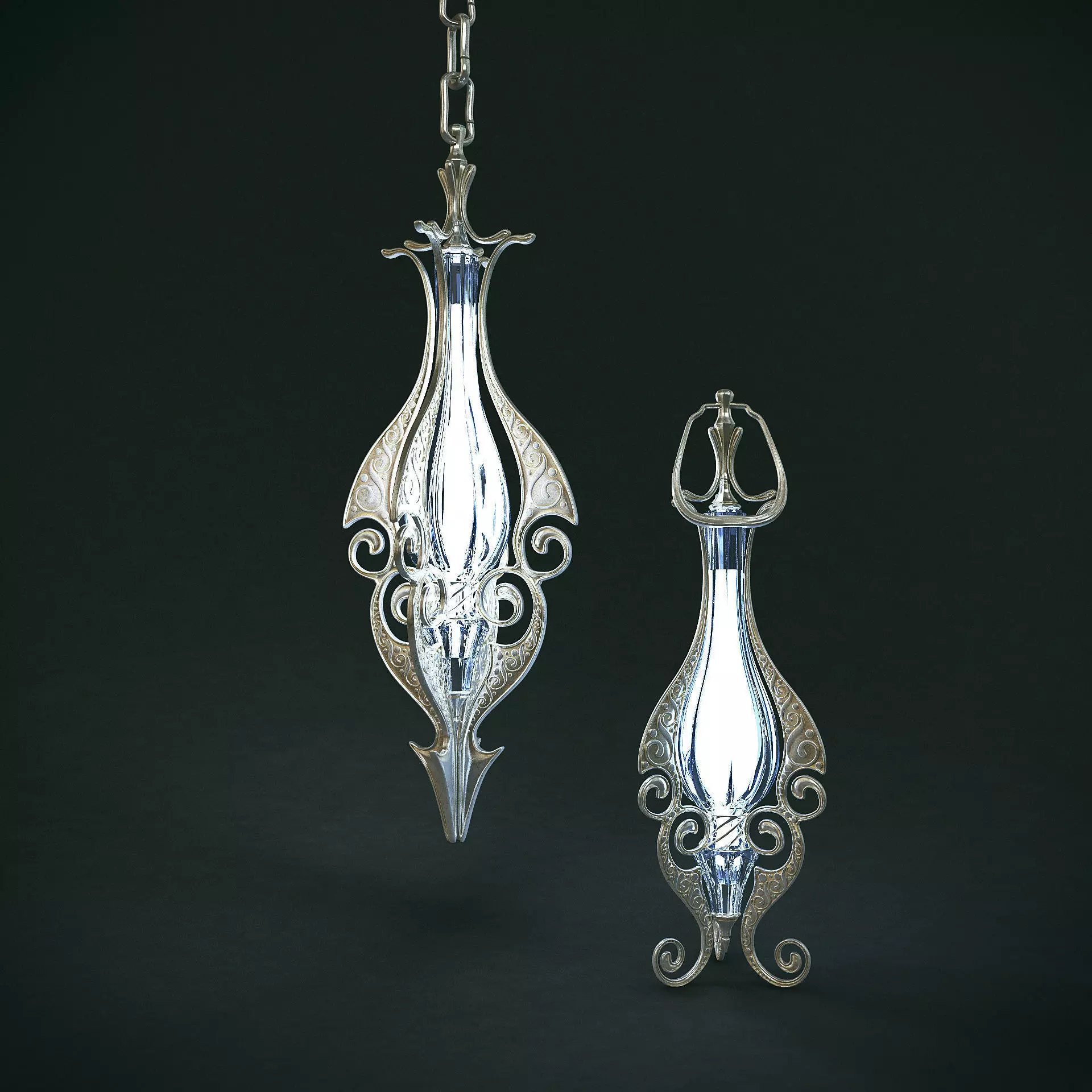 Set of two elven lamps hanging and portable 3D model_0