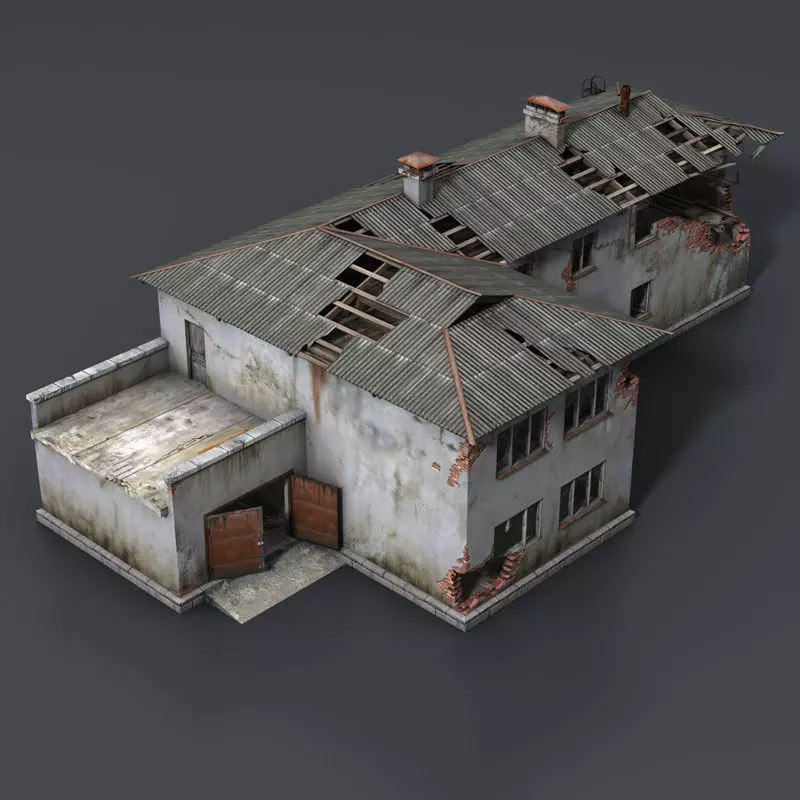 Wrecked House with Interior Low Poly Low-poly 3D model_0
