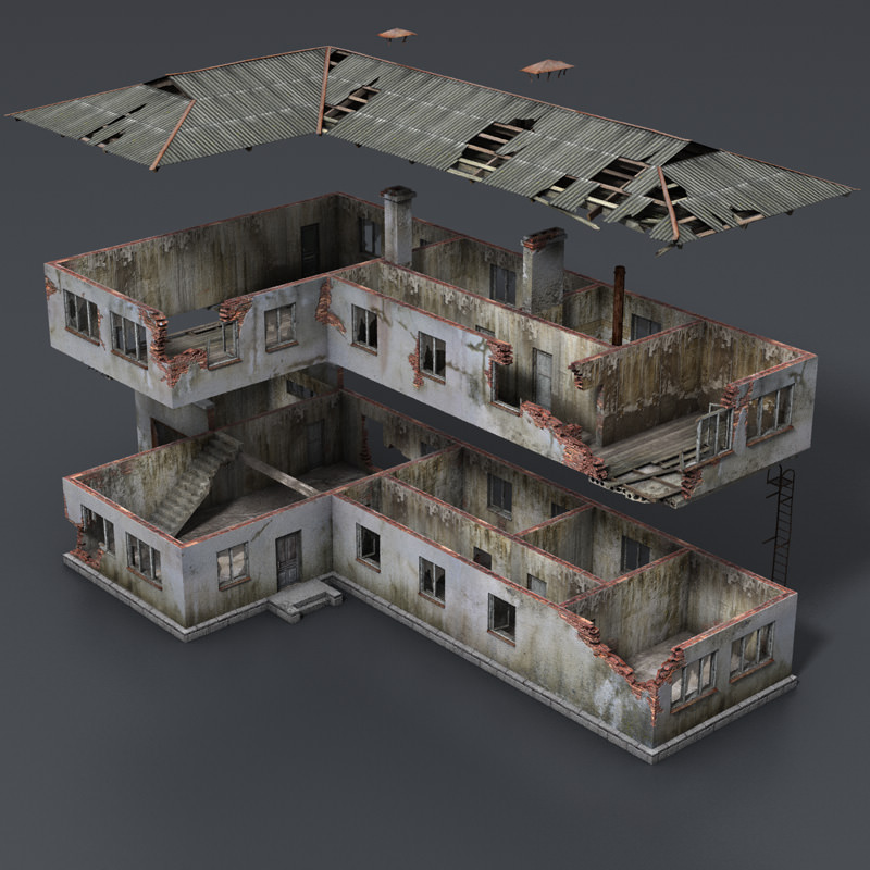 Wrecked House with Interior Low Poly Low-poly 3D model_3