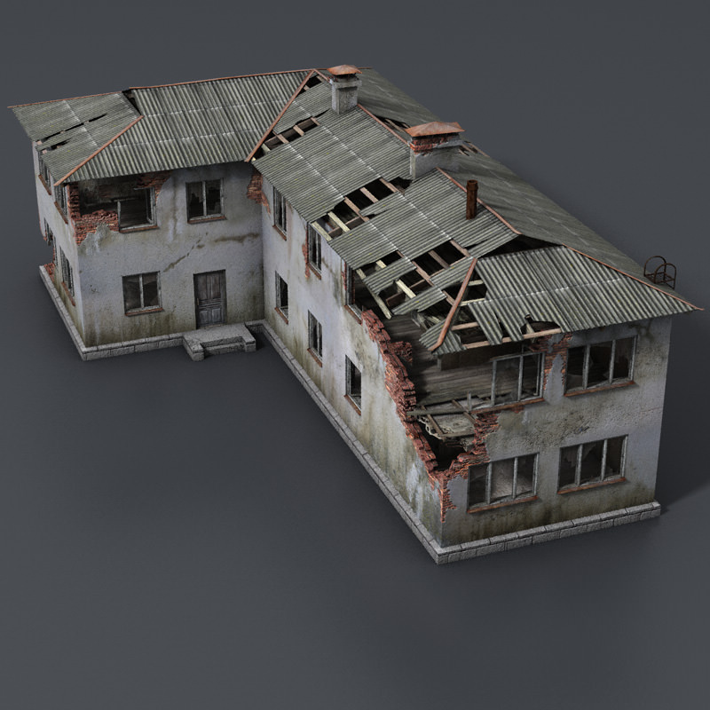 Wrecked House with Interior Low Poly Low-poly 3D model_1