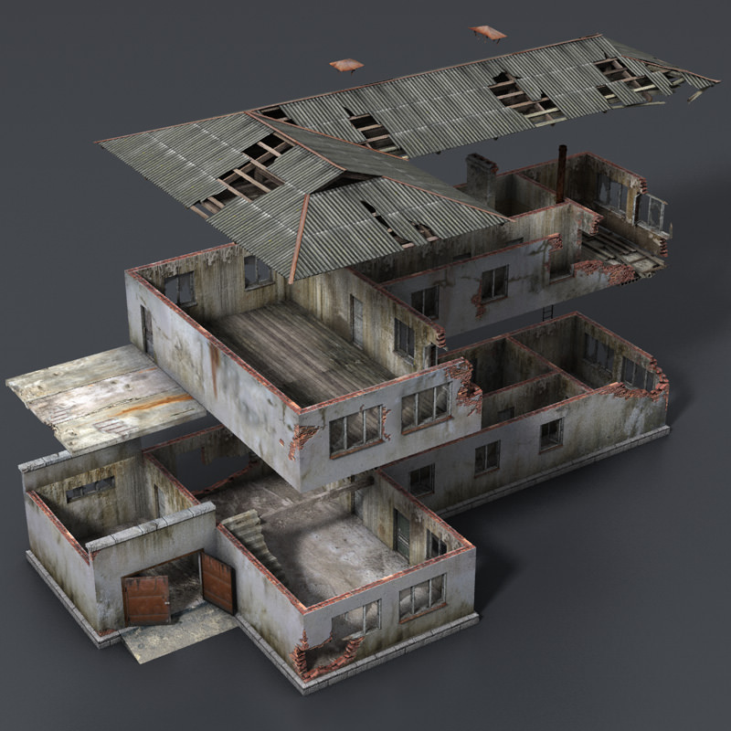 Wrecked House with Interior Low Poly Low-poly 3D model_4