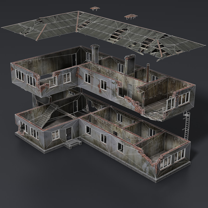 Wrecked House with Interior Low Poly Low-poly 3D model_5