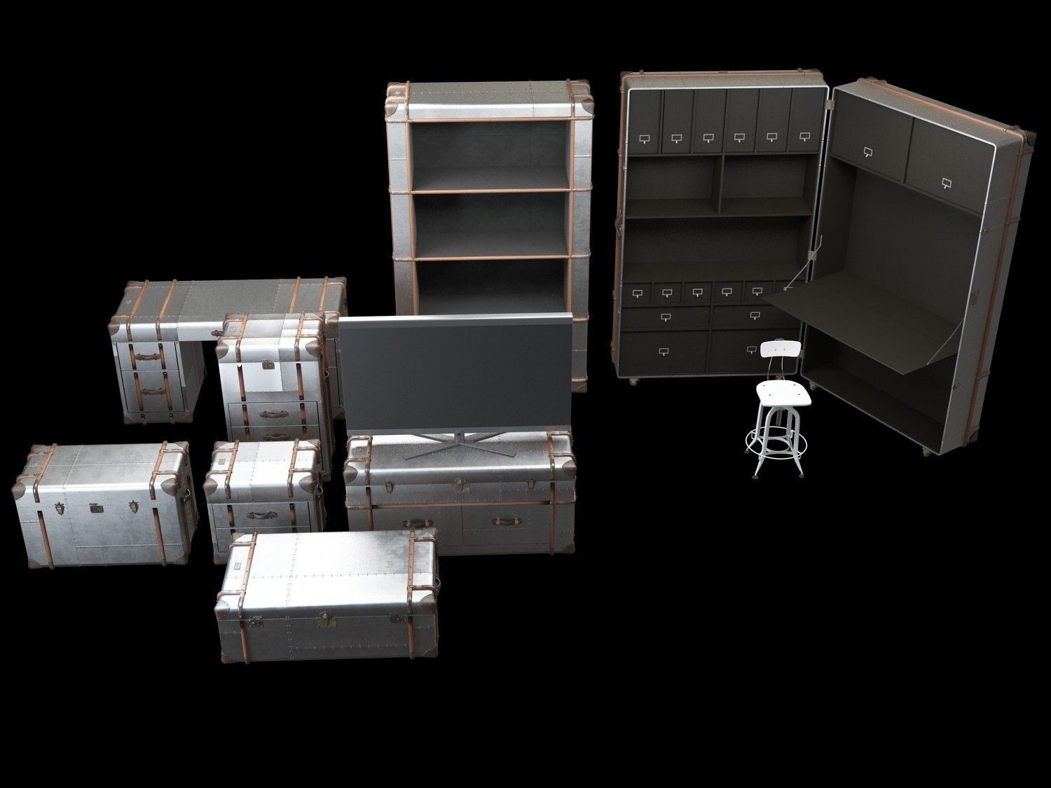 RICHARDS-TRUNK-METAL-Collection set of furniture in industria... 3D model_3