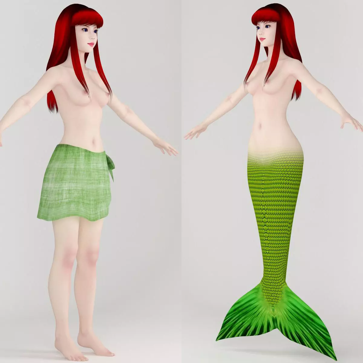 T pose nonrigged model of little mermaid and human form 3D model_0