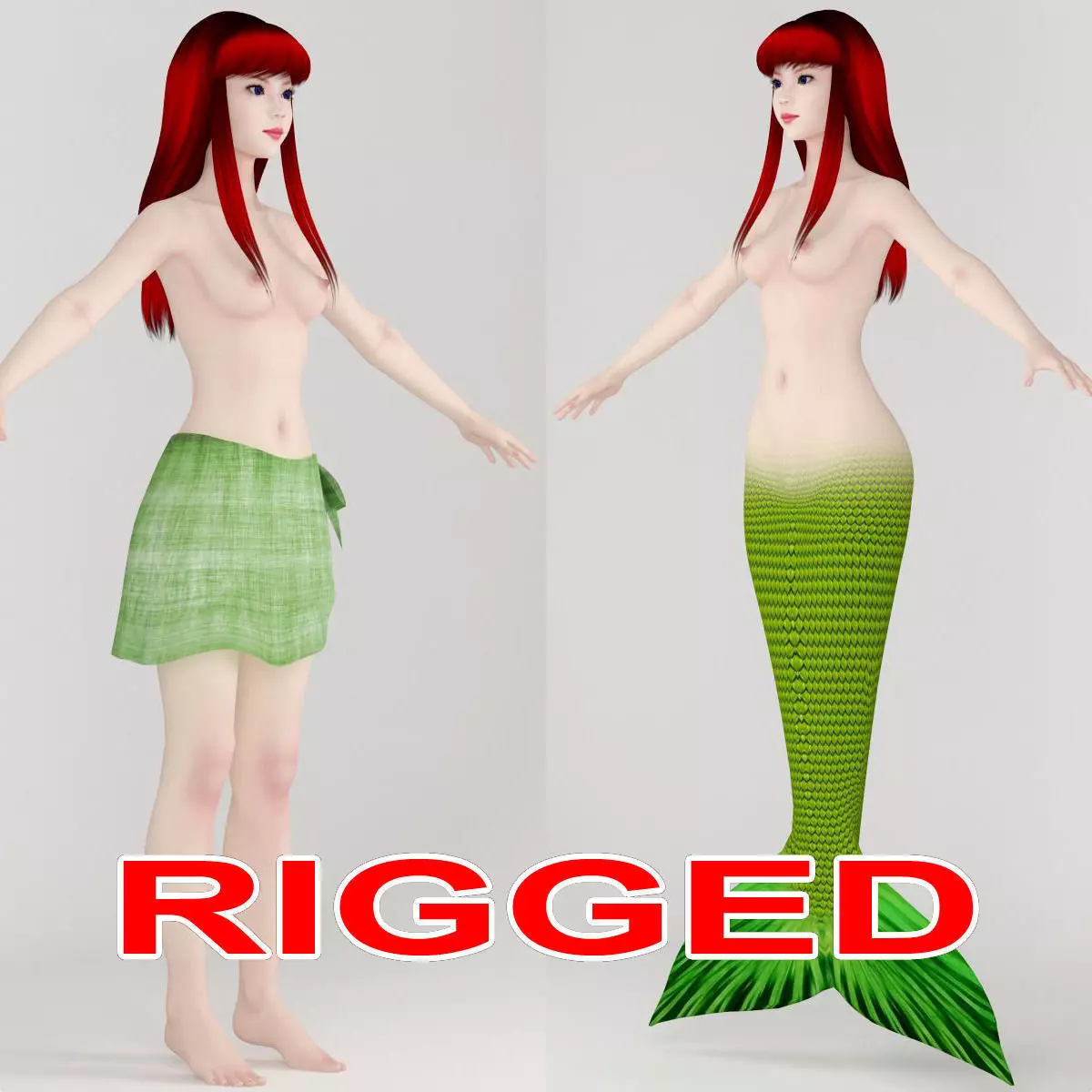 T pose rigged model of little mermaid and human form 3D model_0