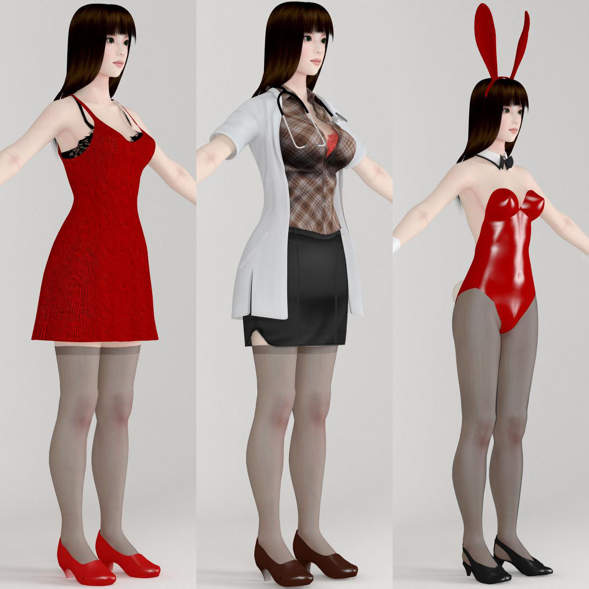 T pose nonrigged model of 4 girls with various outfits 3D model_1