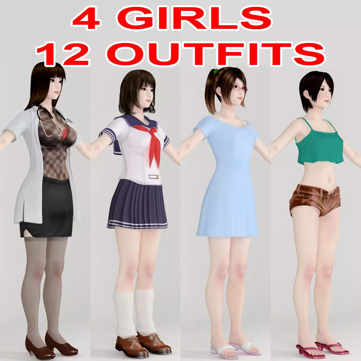 T pose nonrigged model of 4 girls with various outfits 3D model_0