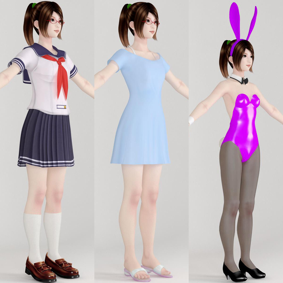 T pose nonrigged model of 4 girls with various outfits 3D model_3