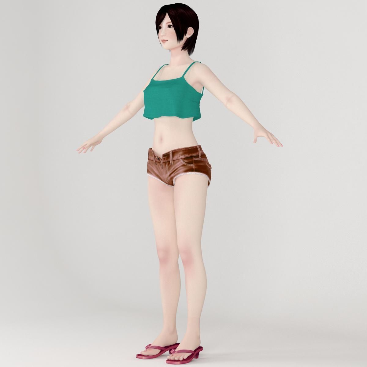 T pose rigged model of 4 girls with various outfits 3D model_53