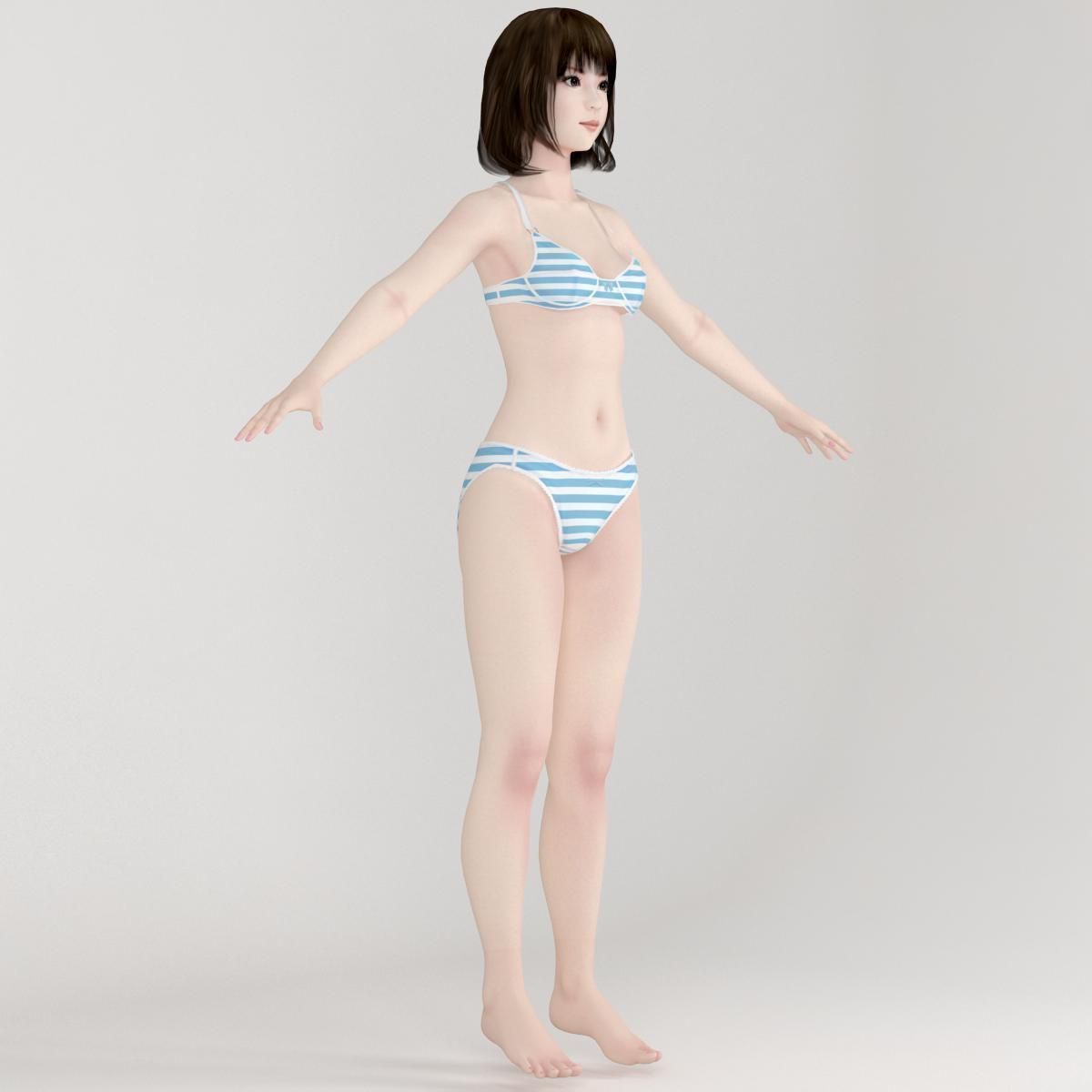 T pose rigged model of 4 girls with various outfits 3D model_28