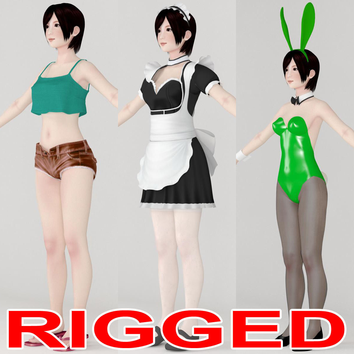 T pose rigged model of 4 girls with various outfits 3D model_4