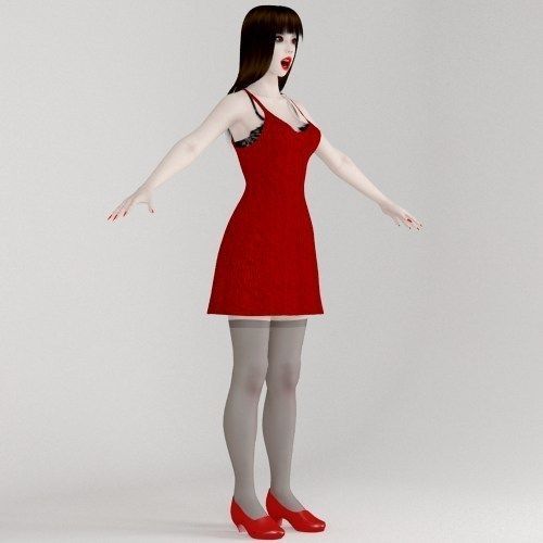 T pose rigged model of 4 girls with various outfits 3D model_13