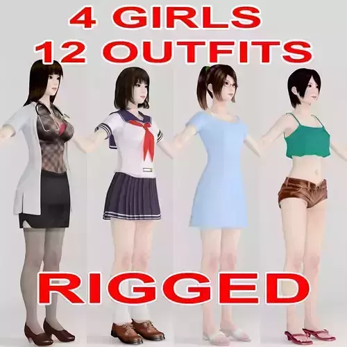  T pose rigged model of 4 girls with various outfits 3D model