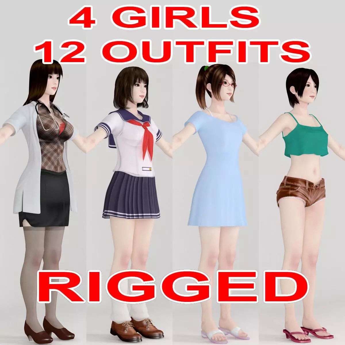 T pose rigged model of 4 girls with various outfits 3D model_0