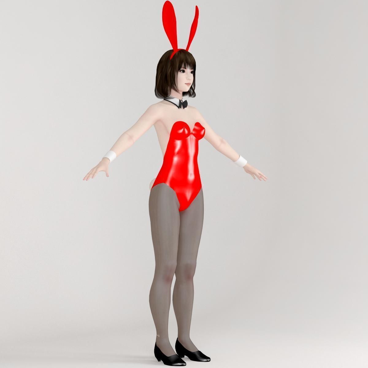 T pose rigged model of 4 girls with various outfits 3D model_30