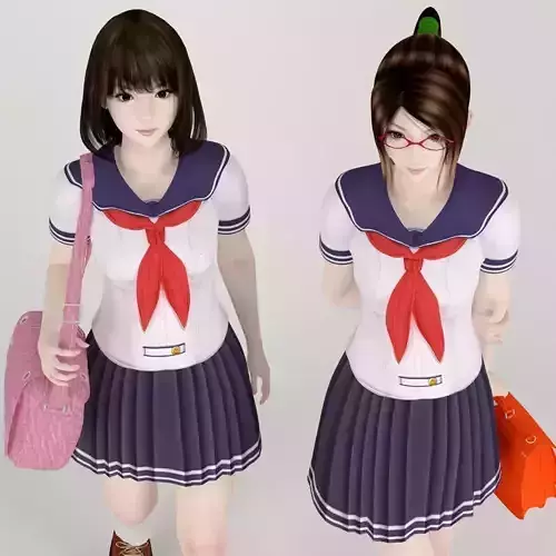 Natsumi and Mariko schoolgirl pose 01  3D model