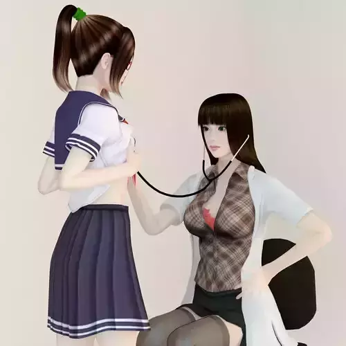 Akari doctor and Natsumi schoolgirl pose 01