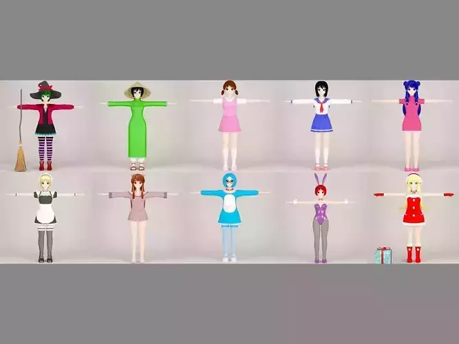  T pose nonrigged model of 10 toon girls